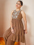 Janasya Women's Brown Georgette Embellished Tiered Kurta With Palazzo Set